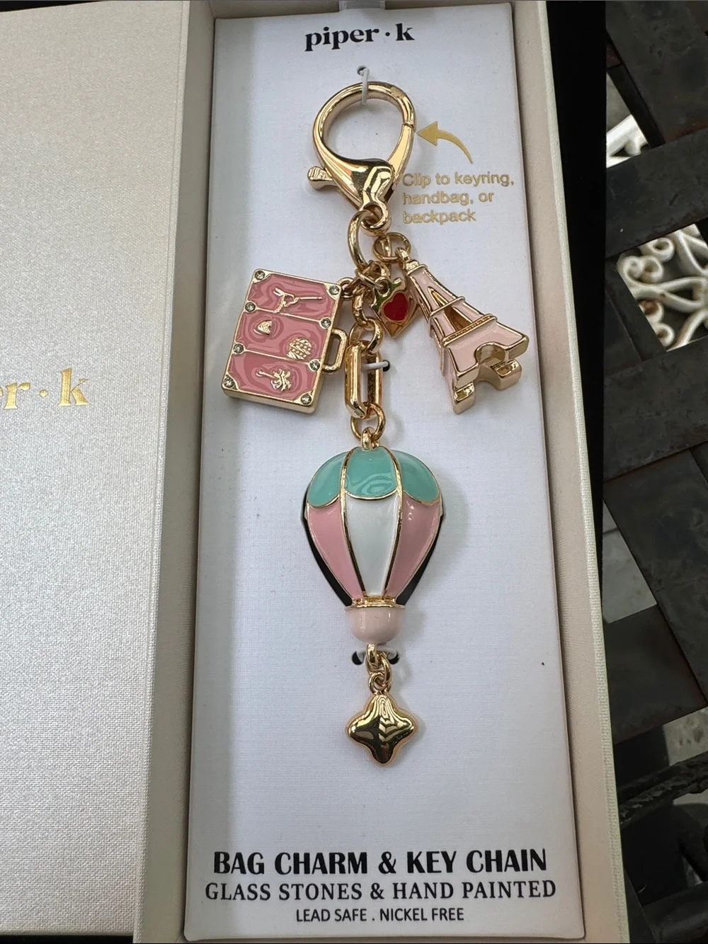 Keychain  Piper Pink & Mint Enamel Hot Air Balloon Keychain with Gold Hardwar